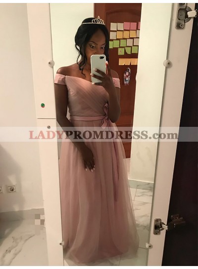 A Line Criss Cross Off The Shoulder Pink Tulle Bow Knot Long Prom Dresses 2023