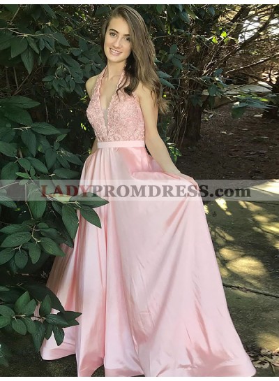 Halter Pink Deep V Neck Lace Appliques Satin A Line Sheer Prom Dresses 2023