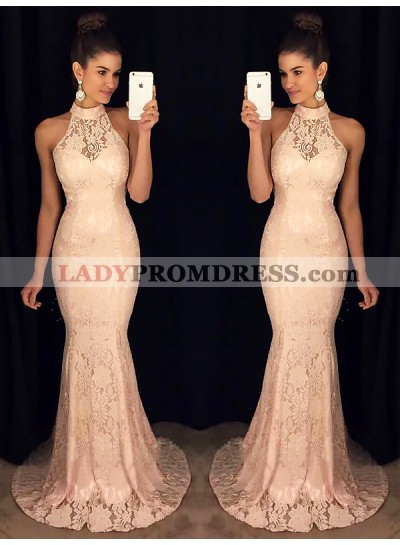 Elegant Halter Lace Mermaid Pink Sexy Sheer Floor Length Prom Dresses 2023
