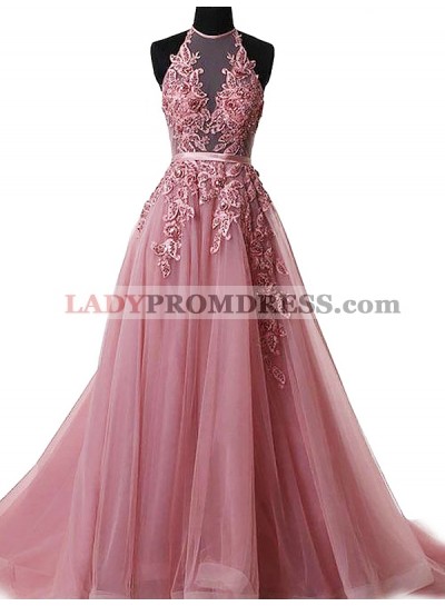 Tulle Pink Appliques Halter Sheer Pleated Floral Floor Length Prom Dresses 2022