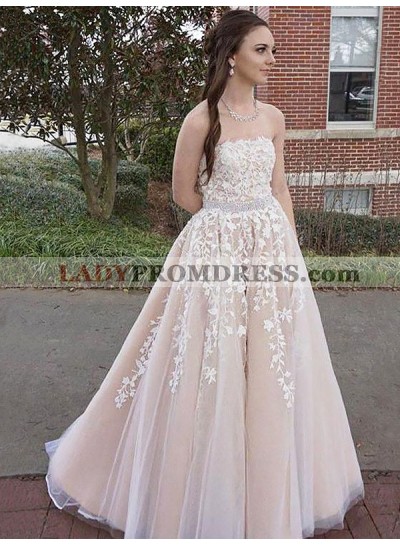 Strapless Sweetheart A Line Champagne Rhinestone Appliques Flowers Long Prom Dresses 2023