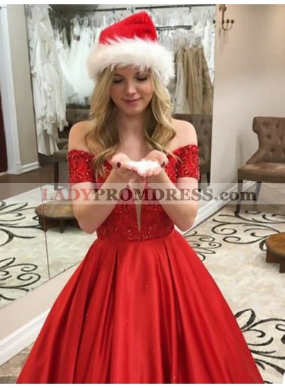Off The Shoulder Deep V Neck Pleated Satin Red Long A Line Prom Dresses 2023