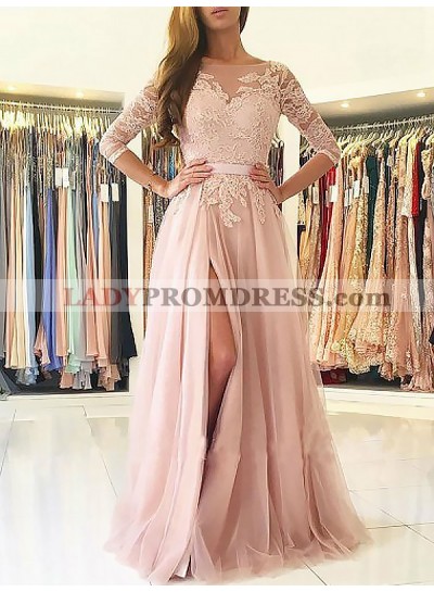 Side Split Bateau Appliques 3/4 Sleeve Sheer Tulle Pink Pleated Prom Dresses 2023