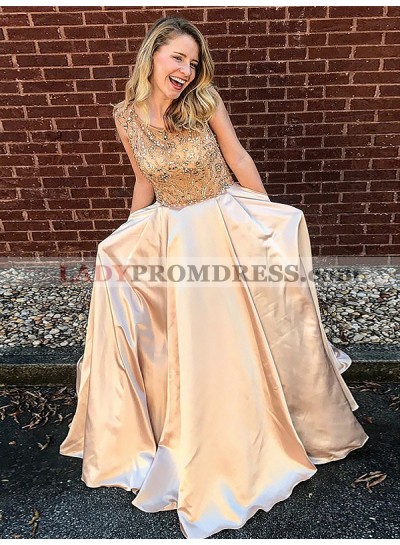 Scoop Sleeveless Rhinestone Satin Champagne Pleated A Line Prom Dresses 2023
