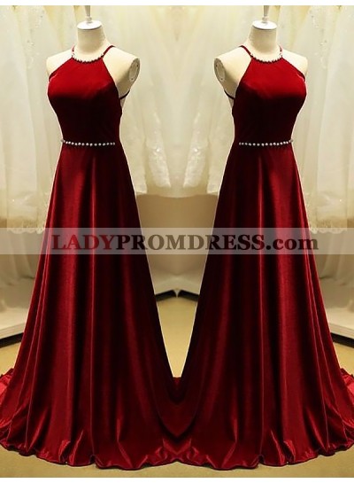 A Line Burgundy Halter Pearls Straps Backless Satin Pleated Prom Dresses 2023