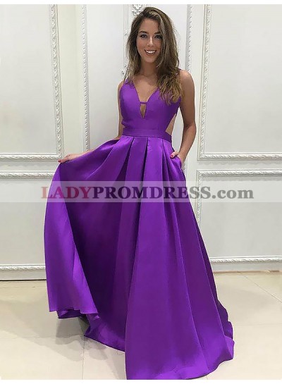 Purple Satin Cut Out V Neck Sleeveless A Line Pleated Sexy Long Prom Dresses 2023