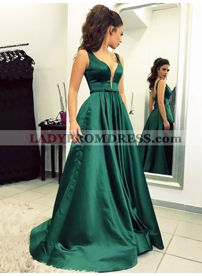 Hunter Deep V Neck Sheer A Line Pleated Satin Sleeveless Backless Bowknot Prom Dresses 2023