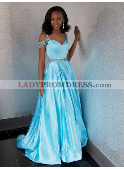 Off The Shoulder Blue A Line V Neck Rhinestone Beaded Satin Prom Dresses 2023