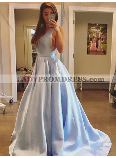 Deep V Neck Blue Sexy Sleeveless A Line Pleated Long Simple Satin Prom Dresses 2023