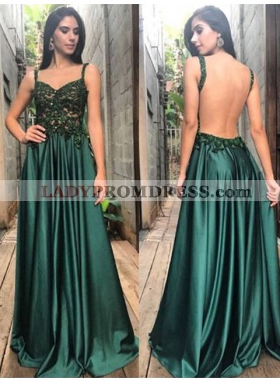 Backless V Neck Sleeveless Hunter Pleated Appliques Satin Long Prom Dresses 2023