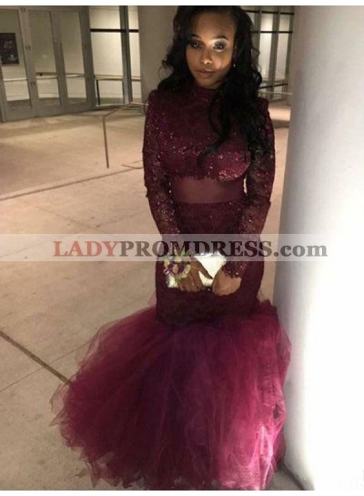 Burgundy Long Sleeve Mermaid Two Pieces Appliques High Neck Ruffles Prom Dresses 2023