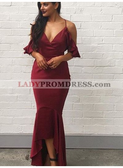 Off The Shoulder Halter V Neck Sexy Burgundy High Low Mermaid Falbala Prom Dresses 2023
