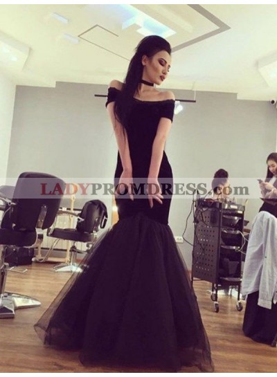 Off The Shoulder Black Tulle Mermaid Long Simple Prom Dresses 2023