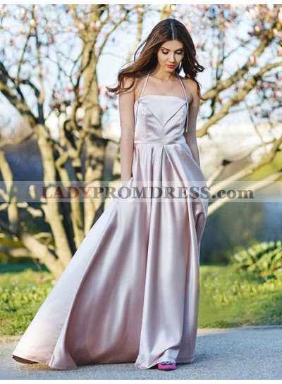 Halter Spaghetti Straps Sleeveless Ivory Pleated Satin Long Prom Dresses 2023