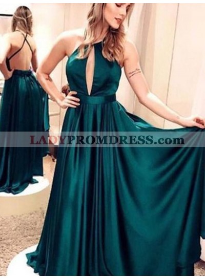 Teal Halter Hollow Criss Cross Backless Long Satin Sexy Pleated Straps Prom Dresses 2023