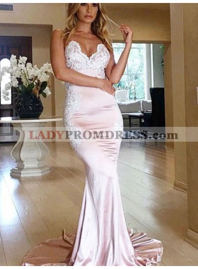 Pink Strapless Sweetheart Appliques Satin Flowers Long Sexy Mermaid Prom Dresses 2023
