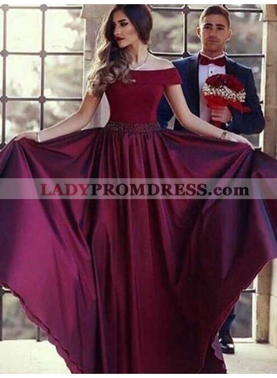 Off The Shoulder Burgundy Satin Long Pleated A Line Beaded Prom Dresses 2023