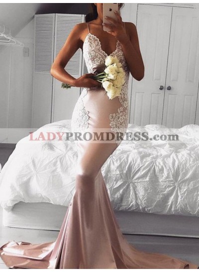Spaghetti Straps V Neck Lace Appliques Satin Dusty Rose Mermaid Long Prom Dresses 2023