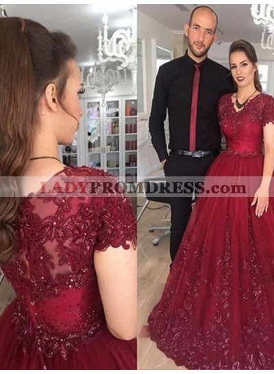Short Sleeve V Neck Burgundy Appliques A Line Pleated Sheer Lace Long Prom Dresses 2023
