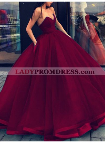 Sweetheart Ball Gown Burgundy Satin Strapless Pockets Pleated Backless Long Prom Dresses 2022