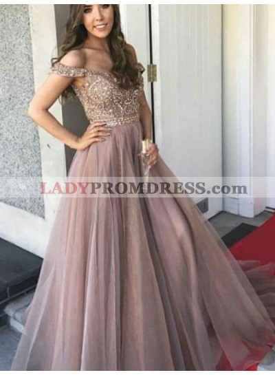 Off The Shoulder Dusty Rose V Neck Tulle Pleated A Line Long Beaded Prom Dresses 2023