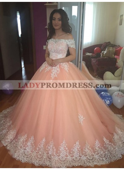 Off The Shoulder Lace Orange Appliques Ball Gown Pleated Long Prom Dresses 2022
