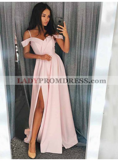 Spaghetti Straps Pink Satin Off The Shoulder A Line Pleated Side Split Long Prom Dresses 2023