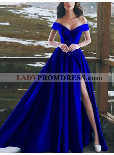 Off The shoulder Royal-Blue V Neck Side Split Pleated Elegant Long Prom Dresses 2023
