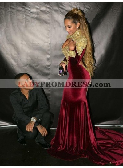 Appliques Long Sleeve Burgundy Satin Cut Out Sexy Beaded Mermaid Long Prom Dresses 2023