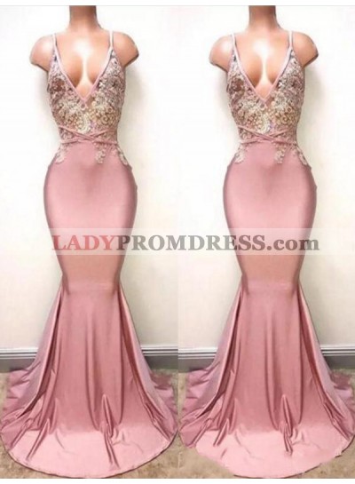 Deep V Neck Pink Satin Mermaid Hollow Appliques Spaghetti Straps Prom Dresses 2022