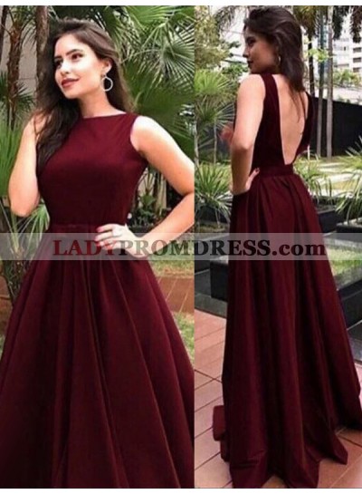 Bateau Burgundy Sleeveless Backless Satin Sexy Long Pleated Bow Knot Prom Dresses 2023