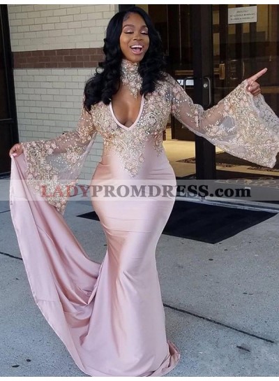 Deep V Neck Blushing Pink Long Sleeve Appliques Lace Sheer Mermaid Satin Prom Dresses 2023