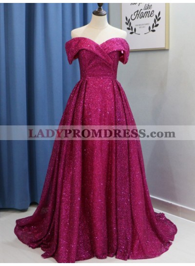 Fuchsia A Line Off The Shoulder Sweetheart Simple Sequins Sparkle Prom Dresses 2023
