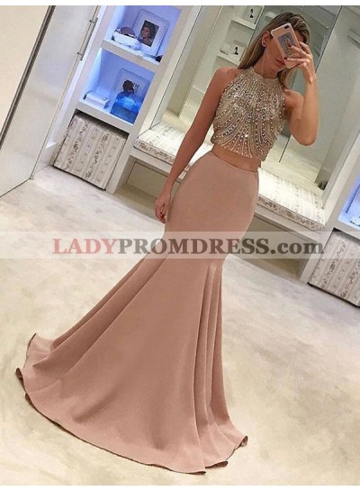 Two Pieces Halter Beaded Mermaid Dusty Rose Satin Sleeveless Prom Dresses 2023