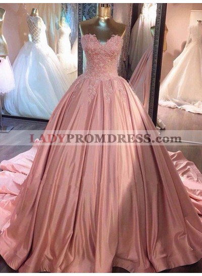 Satin Appliques Strapless Sweetheart Pink Ball Gown Pleated Exquisite Prom Dresses 2023