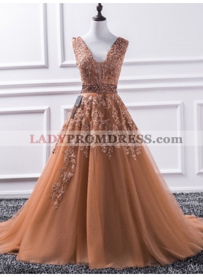 Deep V Neck Brown Tulle Appliques Sleeveless Flowers A Line Pleated Long Prom Dresses 2023