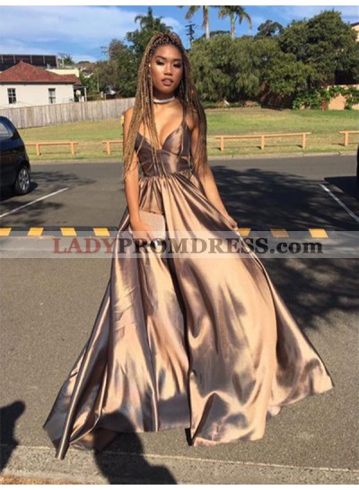 A Line Spaghetti Straps V Neck Pleated Long Dusty Rose Satin Prom Dresses 2023