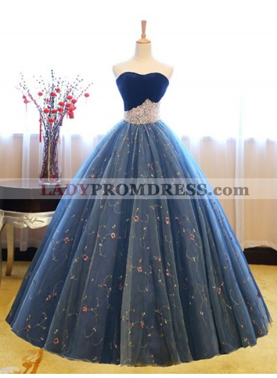 Strapless Sweetheart Blue Tulle Embroidery Flowers Ball Gown Exquisite Prom Dresses 2023