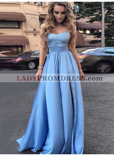 V Neck A Line Blue Satin Pleated Sleeveless Sexy Elegant Lace Prom Dresses 2023