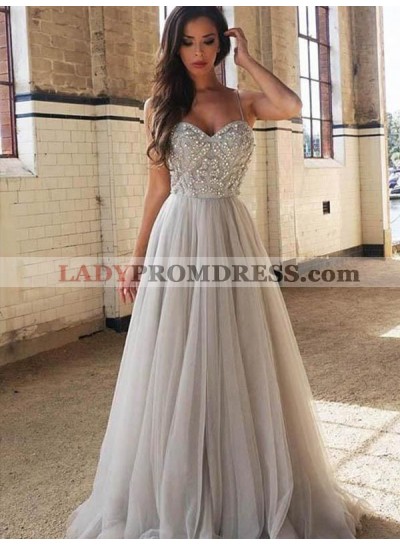 Spaghetti Straps Sweetheart Beaded Tulle Pleated Light Grey Sexy Long Prom Dresses 2023