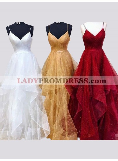Organza Spaghetti Straps Criss Cross Ruffles V Neck Long Prom Dresses 2023