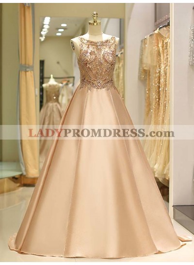 Scoop Champagne Satin Beaded Sheer Sleeveless A Line Rhinestone Prom Dresses 2023