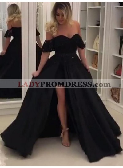 Off The Shoulder High Low Sweetheart Satin Simple Pleated Black Prom Dresses 2023