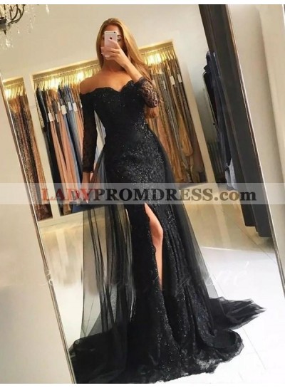 Tulle Off The Shoulder Long Sleeve Mermaid Side Split Sweetheart Appliques Prom Dresses 2023