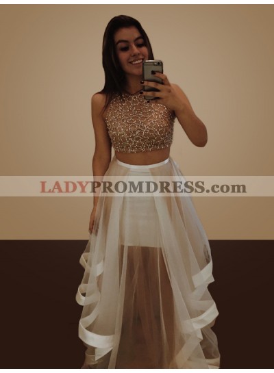 Two Pieces Sheer See Through Ruffles Jewel Long A Line Prom Dresses 2023