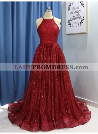 Halter Spaghetti Straps A Line Pleated Sexy Chiffon Red Sequins Prom Dresses 2023