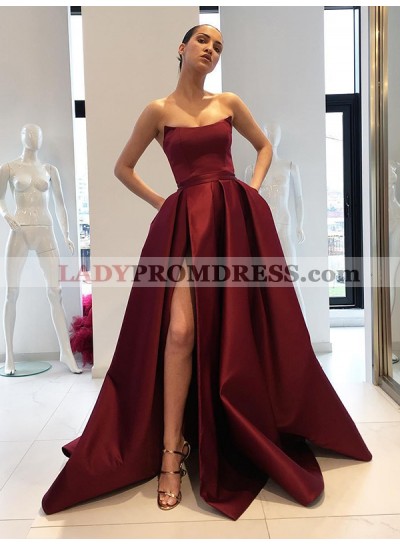 Asymmetrical Strapless Side Split Ball Gown Pleated Satin Burgundy Prom Dresses 2022