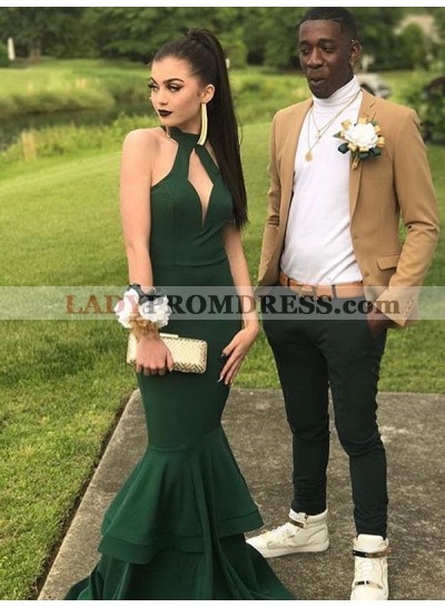Tiered Mermaid Halter Cut out Dark Green Satin Long Sexy Prom Dresses 2023