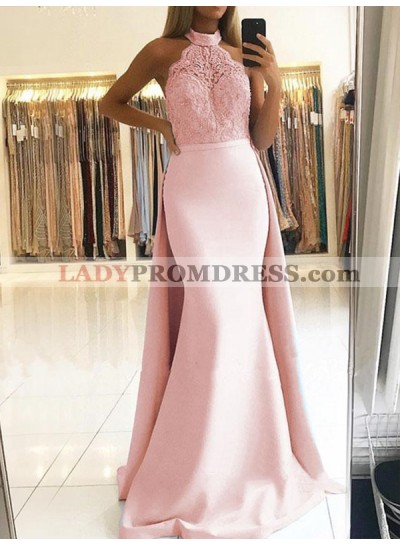 Halter Pink Appliques Mermaid Satin Lace Exquisite Long Prom Dresses 2022