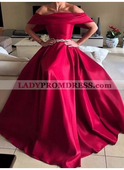 A Line Fuchsia Short Sleeve Satin Pleated Off The Shoulder Long Prom Dresses 2023